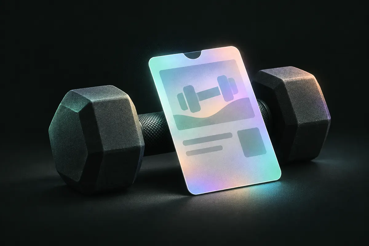 A gym membership pass next to a dumbbell