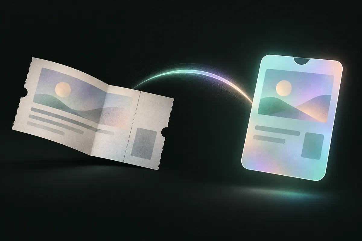 A paper PDF ticket turning into a Wallet pass