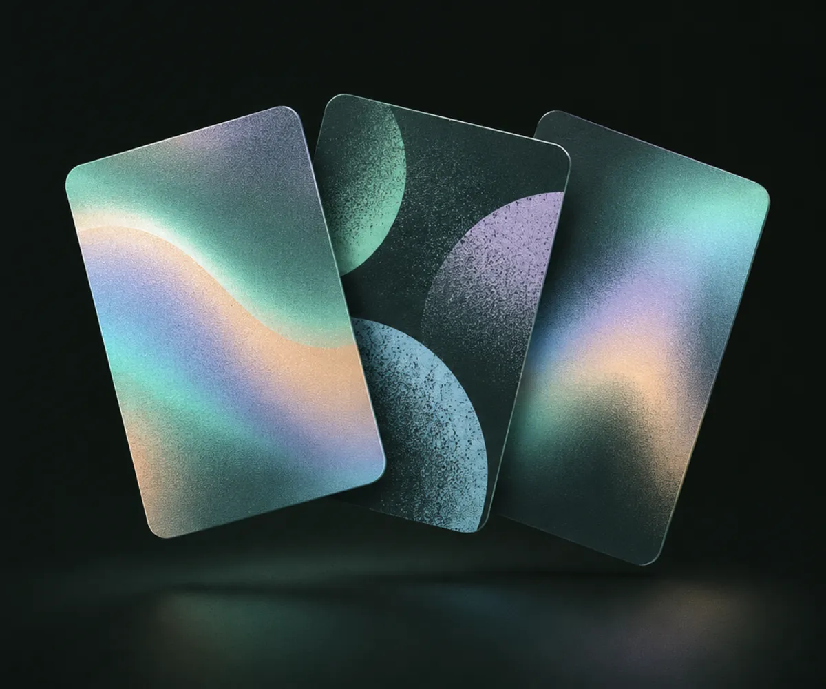 Three Wallet passes with holographic, risograph and gradient artwork